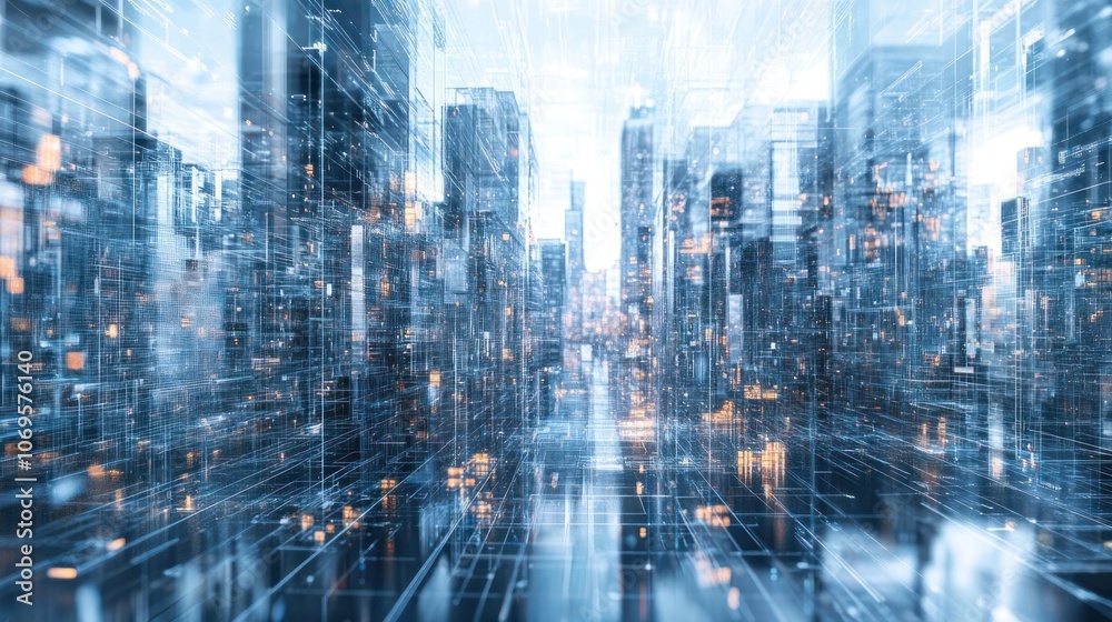 A futuristic cityscape with digital elements and a sense of motion and technology. A futuristic cityscape with digital elements and a sense of motion and technology.
