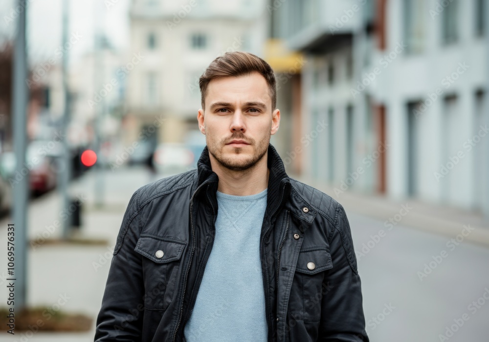 Young man in a black jacket standing on a city street Young man in a black jacket standing on a city street