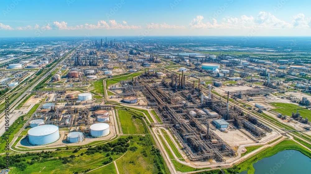 Fototapeta premium Aerial View of Industrial Complex with Pipelines and Tanks
