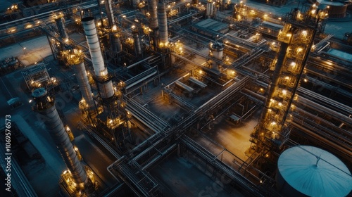 Industrial Night Scene with Pipes and Towers photo