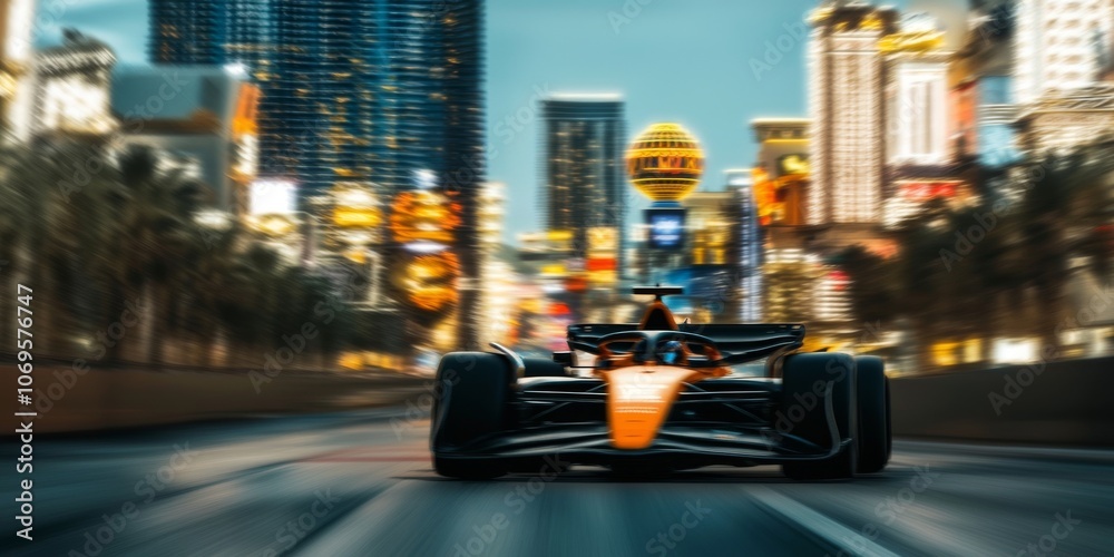 Fototapeta premium Formula One Race Car Speeds Through Las Vegas City Lights at Night