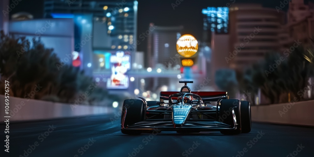 Fototapeta premium Formula One Race Car Speeds Through Las Vegas City Lights at Night