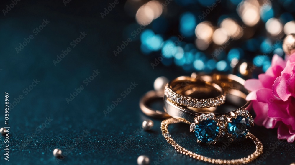Elegant jewelry composition featuring gold rings, sparkling earrings, and floral accents against a dark background. Perfect for luxurious themes. Elegant jewelry composition featuring gold rings, sparkling earrings, and floral accents against a dark background. Perfect for luxurious themes.