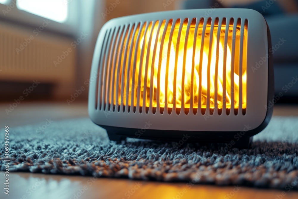 A small heater is sitting on a rug A small heater is sitting on a rug