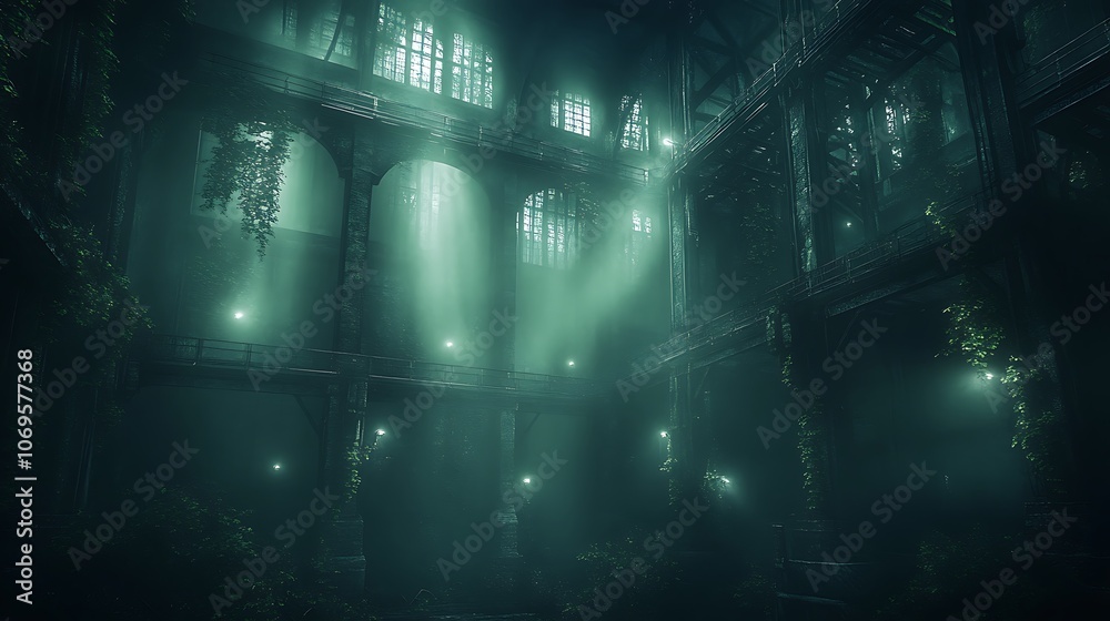Obraz premium A hauntingly beautiful, dimly lit interior filled with shadows, vines, and beams of light filtering through a ruined structure.