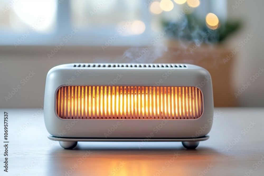 A small heater with a yellow light on it sits on a wooden table A small heater with a yellow light on it sits on a wooden table