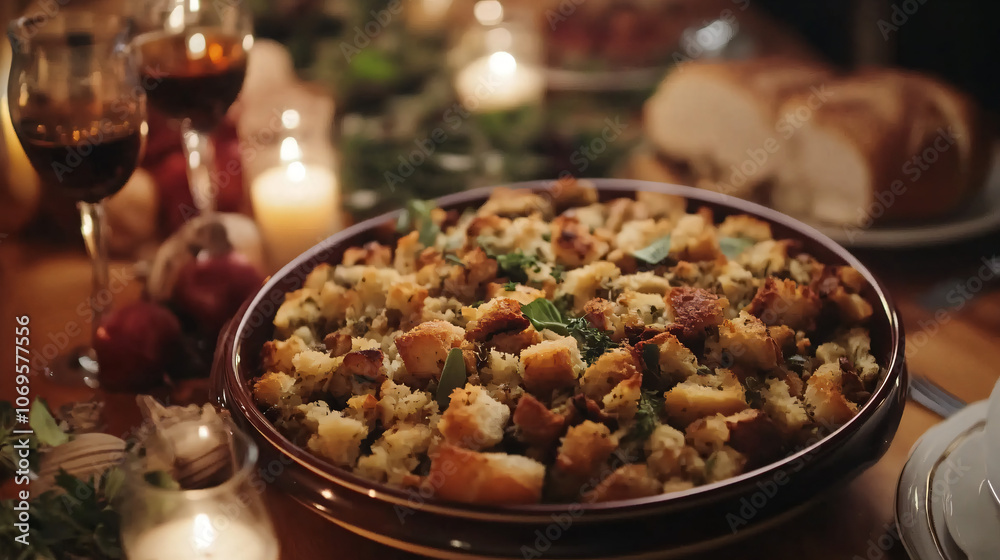 Savory stuffing made with herbs and bread, perfect for Thanksgiving turkey.