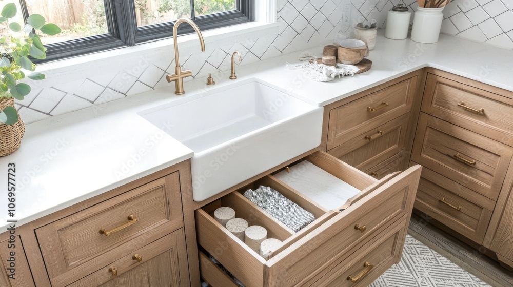 Modern Kitchen Sink with Open Drawer and Natural Decor Modern Kitchen Sink with Open Drawer and Natural Decor