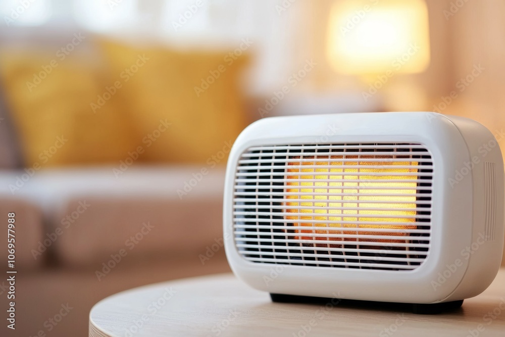 A white heater with yellow cushions in the background A white heater with yellow cushions in the background