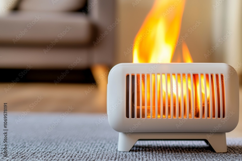 A small white heater with a fire burning inside of it A small white heater with a fire burning inside of it
