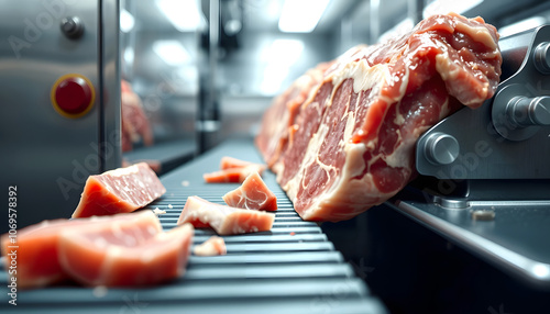 Close up pork or meat sliced on conveyor of automatic and precision slicer machine for industrial food manufacture highlighted by white, png