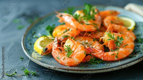 A delicious plate of prawns garnished with lemon slices and herbs on a dark blue background,