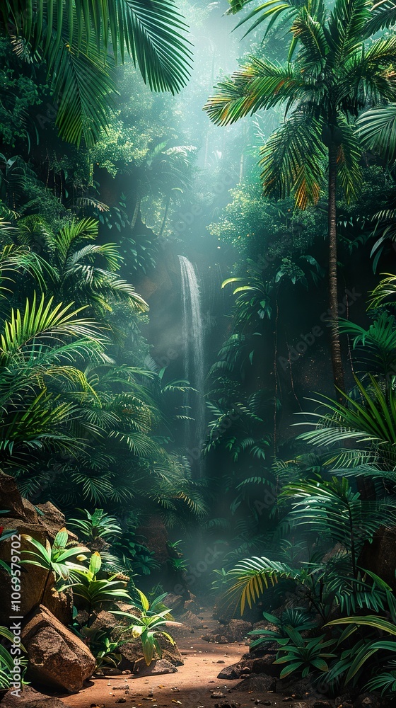 Lush Tropical Rainforest with Waterfall and Sunlight Streaming Through Leaves Lush Tropical Rainforest with Waterfall and Sunlight Streaming Through Leaves
