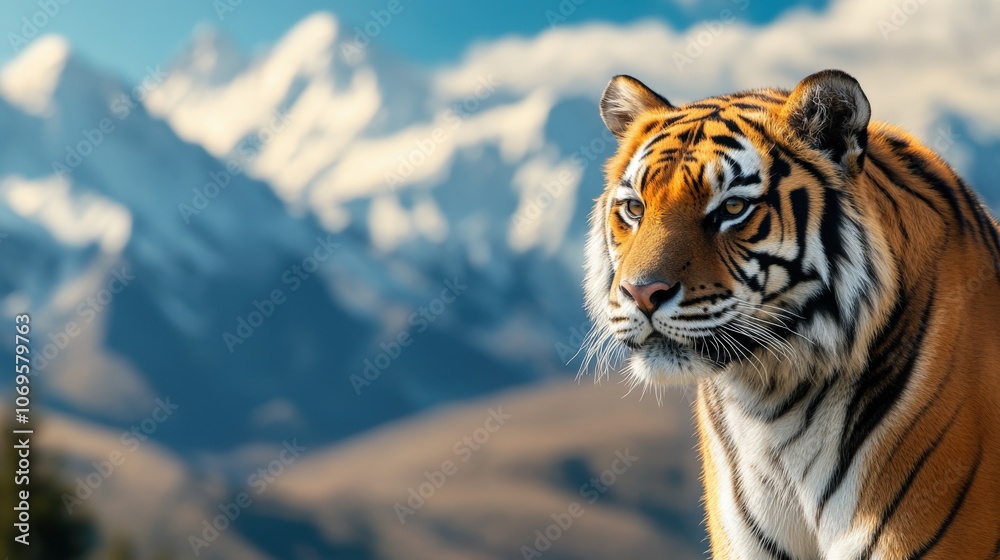 Fototapeta premium Majestic tiger in front of snow-capped mountains, highlighting the beauty and strength of wildlife amidst breathtaking natural scenery.