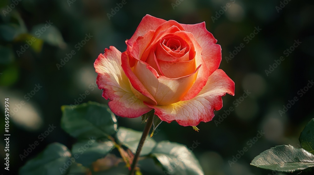 A vibrant rose blooming in a lush garden during early morning sunlight A vibrant rose blooming in a lush garden during early morning sunlight