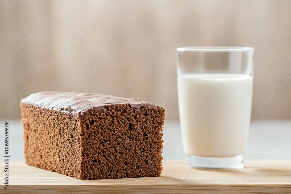 A piece of chocolate cake next to a glass of milk A piece of chocolate cake next to a glass of milk