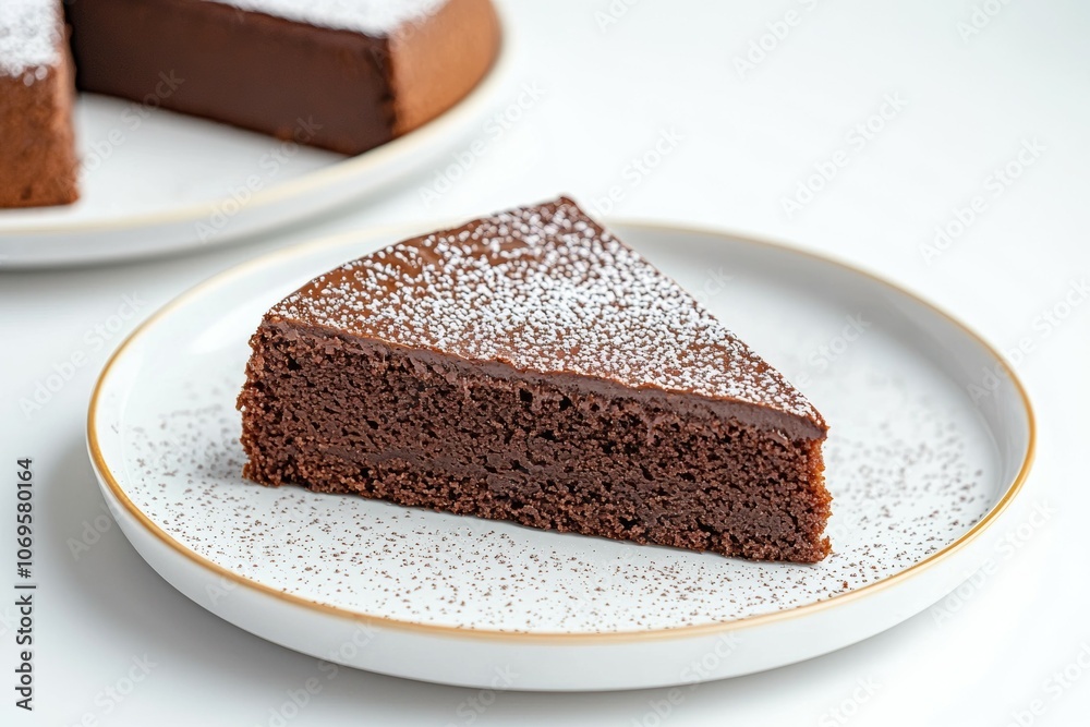 A slice of chocolate cake with powdered sugar on top A slice of chocolate cake with powdered sugar on top