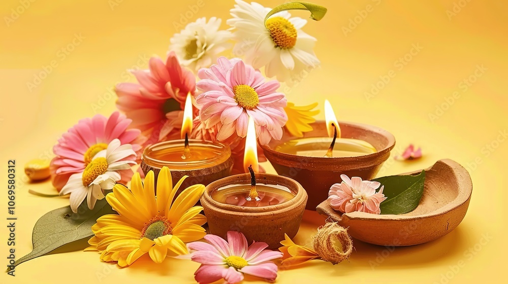 Oil Lamps and Flowers for Diwali - a festive and charming visual. The oil lamps and flowers for Diwali create a warm and inviting look. It gives the impression of a traditional celebration, making it Oil Lamps and Flowers for Diwali - a festive and charming visual. The oil lamps and flowers for Diwali create a warm and inviting look. It gives the impression of a traditional celebration, making it