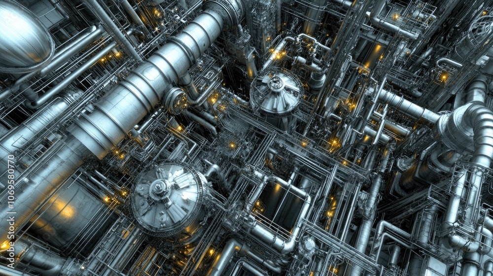 Complex Industrial Pipeline Network in Gray and Yellow Complex Industrial Pipeline Network in Gray and Yellow