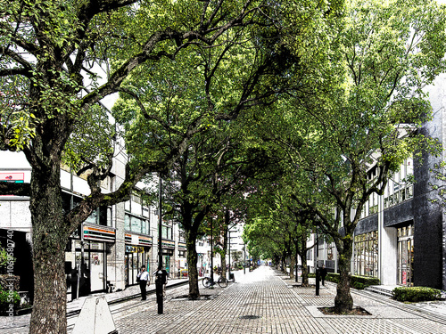 都市と街路樹と歩道