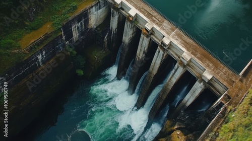 Aerial view of a hydroelectric power station. Power station.