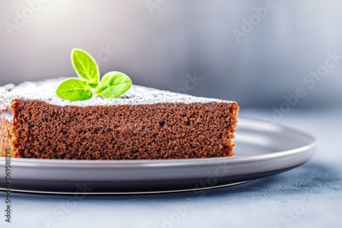 A slice of chocolate cake with a green leaf on top photo