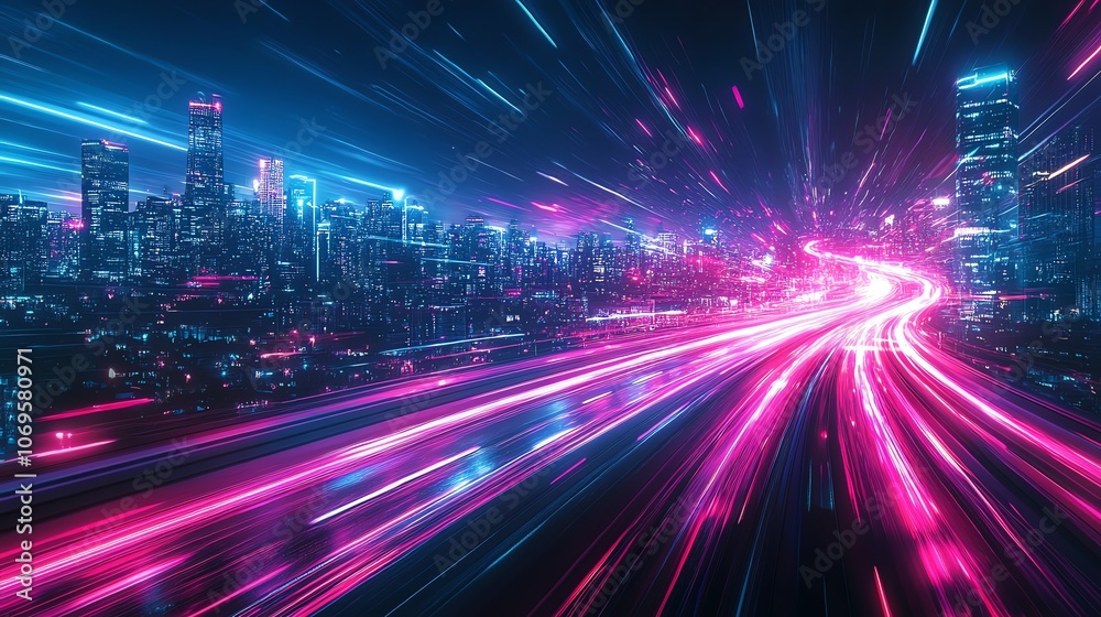 A long exposure shot of a highway in a city at night with streaks of light from passing cars. A long exposure shot of a highway in a city at night with streaks of light from passing cars.