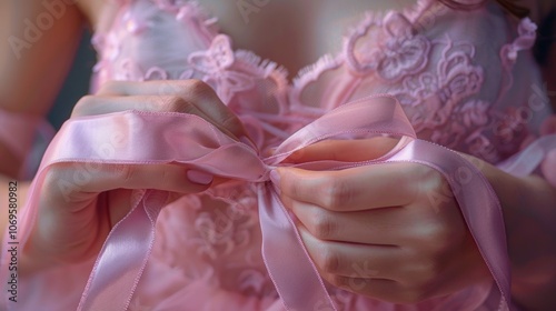 Woman Tying Pink Ribbon