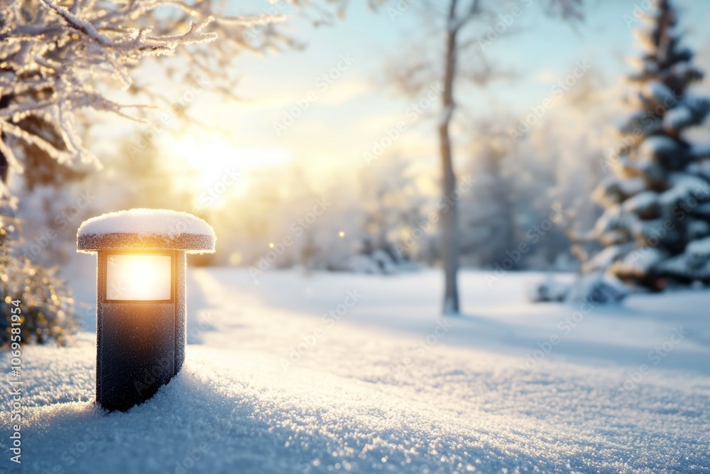A light post is covered in snow and is lit up A light post is covered in snow and is lit up