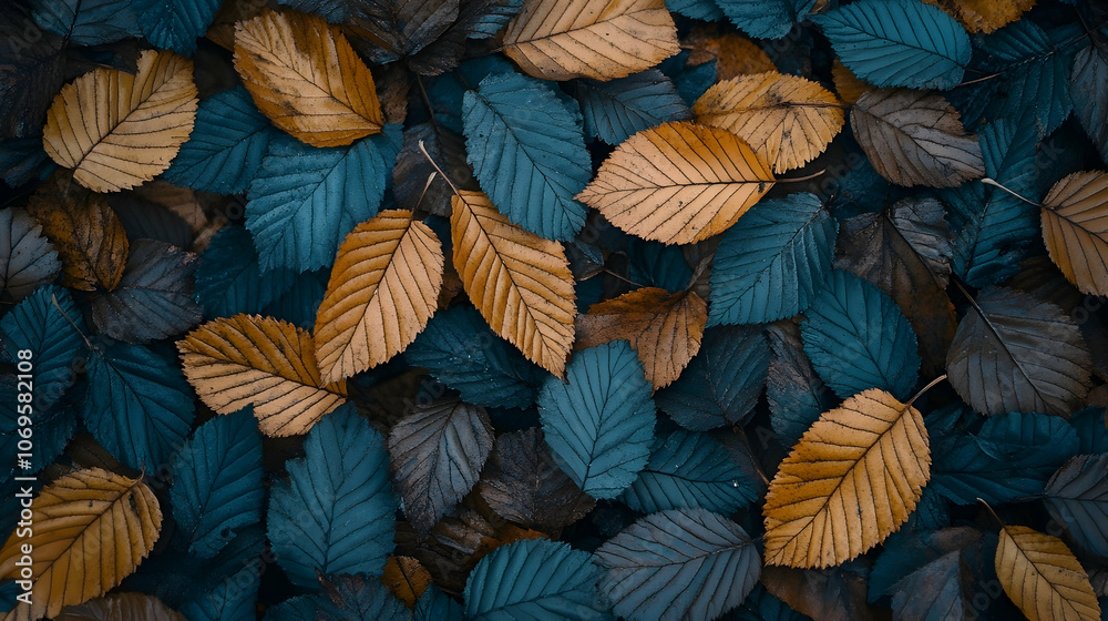 A close-up view of a collection of fallen leaves in shades of brown and blue. A close-up view of a collection of fallen leaves in shades of brown and blue.