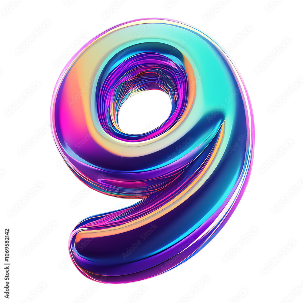 Shiny iridescent number nine glows against a dark background Shiny iridescent number nine glows against a dark background
