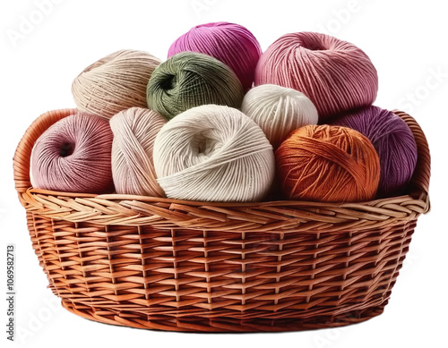 Beautiful skeins of wool in a wicker basket AI without background