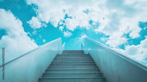 A long escalator with a blue sky in the background. The escalator is silver and has a lot of steps