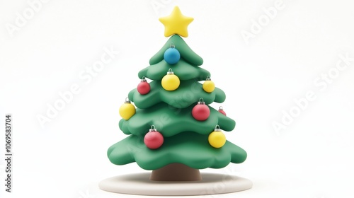 Festive 3D Cartoon Christmas Tree with Ornaments and Star on White Background - Classic Holiday Decorations in Cute Style