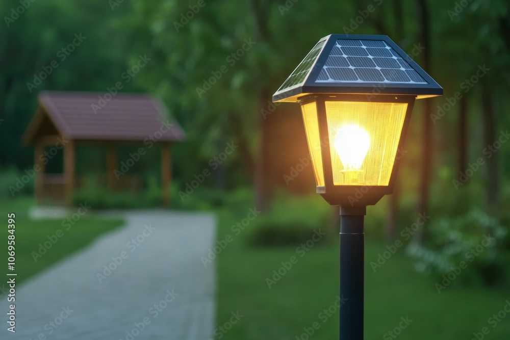 A solar powered light post is lit up in a park A solar powered light post is lit up in a park