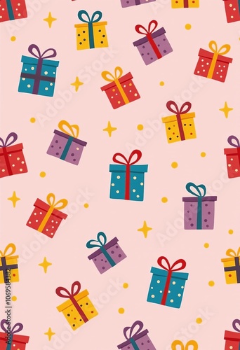 Festive Gift Pattern: Childish Doodle Art, Seamless Colorful Presents Design, Pink Starry Background, Hand-Drawn Style, Simple Bow Decorations, Cheerful Color Palette