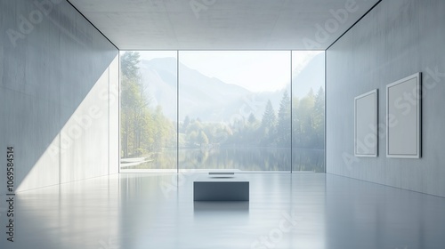 Art gallery with large windows, showcasing minimalist sculptures, tranquil light. AI generated