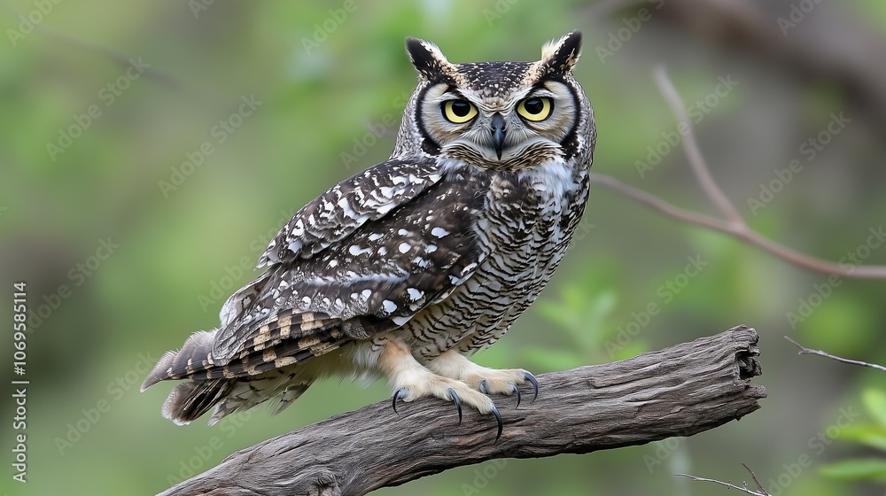 Obraz premium A majestic owl perched, sharp eyes focused, feathers detailed. AI generated