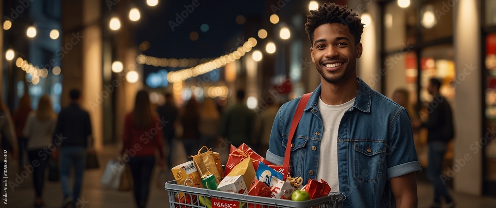Naklejka premium Night Market Shopping Spree: A young man strolls through a vibrant night market, carrying a basket brimming with colorful snacks and treats. He smiles warmly.
