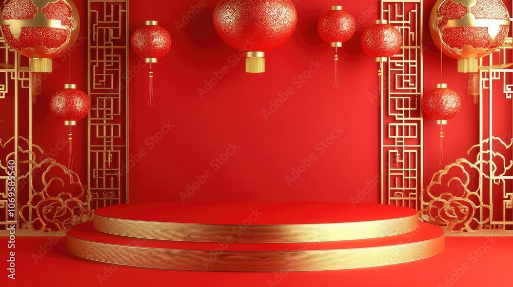 Red and Gold Chinese New Year Background with Two-Tiered Platform Red and Gold Chinese New Year Background with Two-Tiered Platform