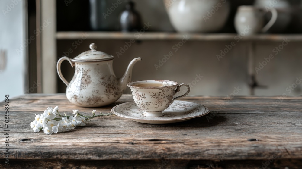 Teacup, Teapot, and Flowers on a Rustic Wooden Table Teacup, Teapot, and Flowers on a Rustic Wooden Table