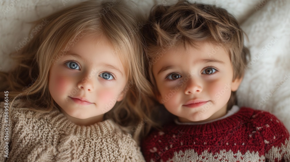Two young children are lying on a bed, one wearing a red sweater Two young children are lying on a bed, one wearing a red sweater