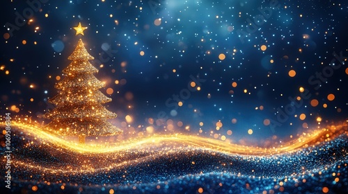 A Christmas tree is lit up in a snowy landscape