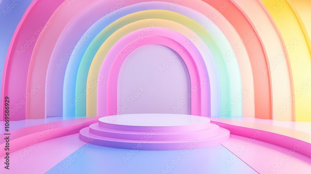 Three-tiered Circular Platform with Rainbow Arch Background