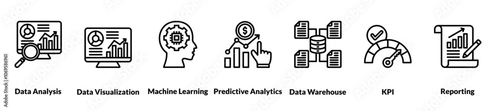 Business intelligence icon set with icons of data analysis, data visualization, machine learning, predictive analytics, data warehouse, Key Performance Indicators, reporting Business intelligence icon set with icons of data analysis, data visualization, machine learning, predictive analytics, data warehouse, Key Performance Indicators, reporting