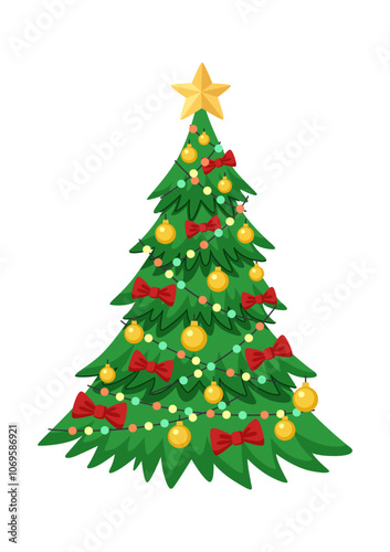 Cartoon Christmas tree decorated with balls, bows and garland, with a star on top. Isolated on white background.