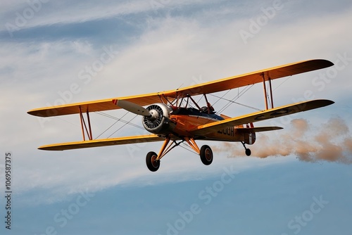 A Vintage Biplane Flying with Prop Wash Against a Classic Sky Background