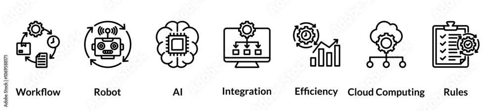 Business Automation line icon set. Workflow, Robot, AI, Integration, Efficiency, Cloud Automation, Rules Business Automation line icon set. Workflow, Robot, AI, Integration, Efficiency, Cloud Automation, Rules