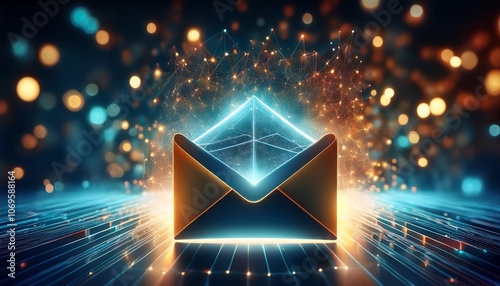 A glowing email icon emerges from vibrant digital particles, symbolizing communication and technology in a modern digital landscape.