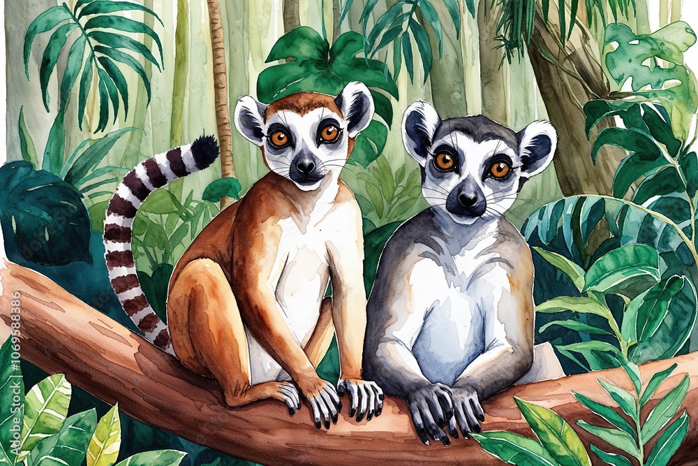 Fototapeta premium Vibrant Watercolor Illustration of Playful Lemurs in a Tropical Rainforest Setting